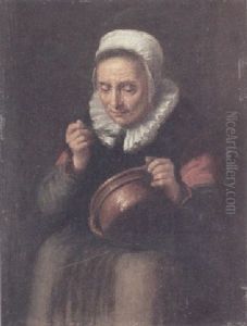 An Old Lady Drinking Soup From A Bowl by Nicolaes Maes