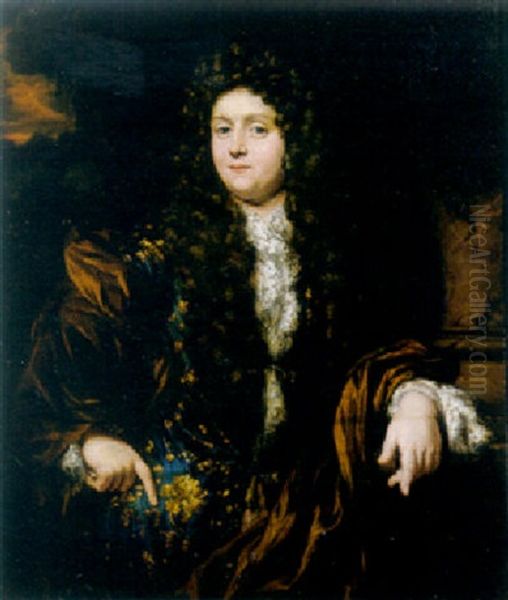 Portrait Of A Gentleman Wearing A Blue, Gold Embroidered Jacket, A Landscape Beyond - view 1