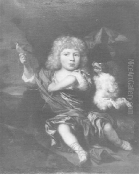 Portrait Of A Young Boy With A Spaniel And On His Hand A Songbird - view 1