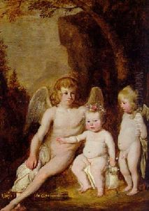 Cupid With Putti At Rest In A Landscape by Nicolaes Maes