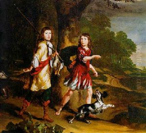 Portrait Of Two Young Boys As Hunters In A Landscape by Nicolaes Maes