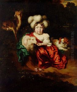 Portrait Of A Girl, Wearing A Feather Headdress And A Red Robe, Holding A Sheep