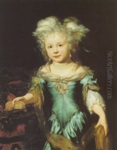 A Portrait Of A Young Girl, Standing Three-quart Length, In Blue, Holding Apples