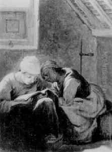 Interior Of An Attic With Two Women Reading by Nicolaes Maes