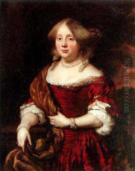A Portrait Of A Lady In A Scarlet Dress With A Stole And Pearl Necklace - view 1
