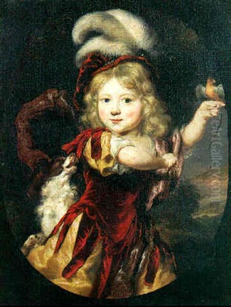Portrait Of A Boy, A Songbird Perched On His Index Finger, Spaniel At His Side - view 1