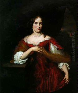 Portrait Of Lady Standing By A Curtain With Red Dress, Her Right Arm Leaning On Pedestal