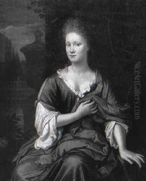 Portrait Of A Lady, In A Blue Dress And Red Shawl, In A Garden - view 1