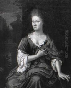 Portrait Of A Lady, In A Blue Dress And Red Shawl, In A Garden