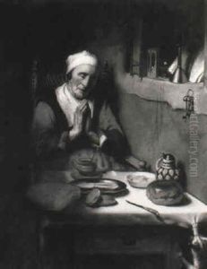 An Old Woman At Prayer In An Interior by Nicolaes Maes