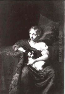Junge Frau Mit Schosh_ndchen, An Einem Teppich Bedeckten Tisch Sitzend by Nicolaes Maes