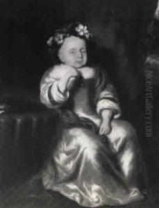 Portrait Of A Child, Small Full Length, In A Yellow Dress   With A Red Shawl And A Floral Wreath, Seated By A Fountain