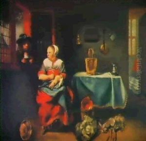 The Interior Of Cottage With A Young Serving Maid Plucking  A Duck While A Young Man With Folded Arms