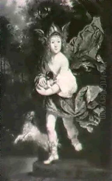 Portrait Of A Young Boy As A Mercury With Two Dogs In A Landscape - view 1