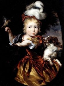 Portrait Of A Young Boy With A Tethered Finch And A King Charles Spaniel, In A Painted Oval by Nicolaes Maes