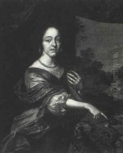 Portrait Of A Lady, Standing Three-quarter Length, Wearing  A Mauve Gown With A Gold Wrap,pointing To A Closed Watchcase