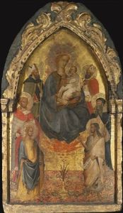 The Madonna And Child Accompanied By A Bishop Saint, Saints Julian The Hospitaler, James The Greater (?), John The Baptist, Anthony Abbot And Nicholas Of Bari by Maestro del Cristo Docente