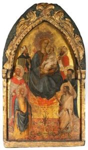 The Madonna And Child Accompanied By A Bishop Saint, Saints Julian The Hospitator, James The Greater(?), John The Baptist, Anthony Abbot And Nicholas Of Bari by Maestro del Cristo Docente