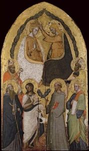The Coronation Of The Virgin, With Saints Nicholas Of Bari, Anthony Abbot, John The Baptist, Francis Of Assisi, Phillip And Zanobi by Maestro del Cristo Docente