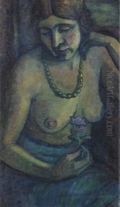 Selbstportrat In Blau (halbakt Mit Perlenkette)