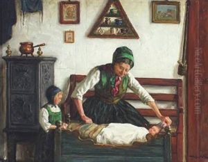 Interior With Mother And Children by Valdemar Holger V. Rasmussen Magaard