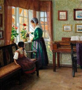 Interior Scene With Mother Watering Flowers By A Window And Young Daughter Seated Beside by Valdemar Holger V. Rasmussen Magaard