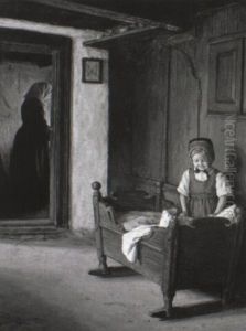 Interior Med En Lille Pige Ved En Vugge, I Baggrunden Moderen by Valdemar Holger V. Rasmussen Magaard