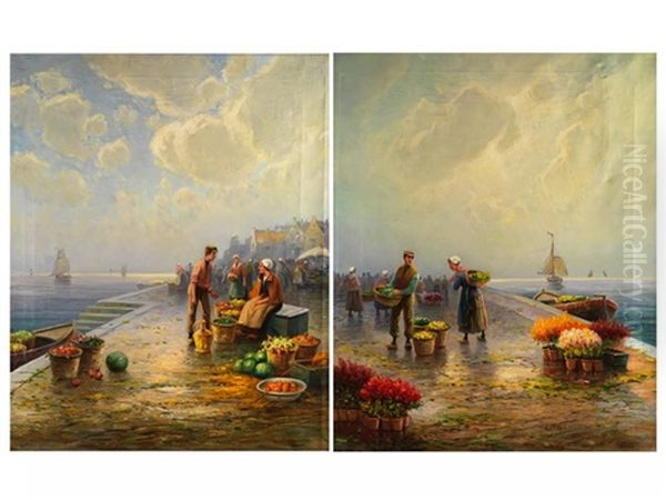 Hollandische Marktszene Am Meeresufer Mit Gemusekorben (+ Hollandische Marktszene Am Meeresufer Mit Blumentopfen; Pair) - view 1