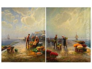 Hollandische Marktszene Am Meeresufer Mit Gemusekorben (+ Hollandische Marktszene Am Meeresufer Mit Blumentopfen; Pair)