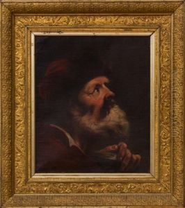 A Head Study Of A Bearded Man In A Red Fur Lined Cap by Domenico Maggiotto