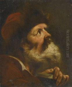 A Head Study Of A Bearded Man In A Red Fur Lined Cap by Domenico Maggiotto
