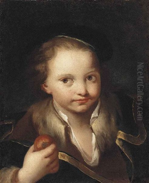 Portrait Of A Boy, Bust-length, In A Brown Shirt, Blue Overcoat And Hat, Holding An Apple - view 1