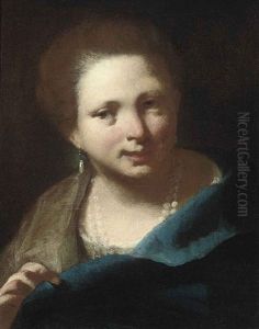 Portrait Of A Lady In A Blue Dress And Pearls by Domenico Maggiotto