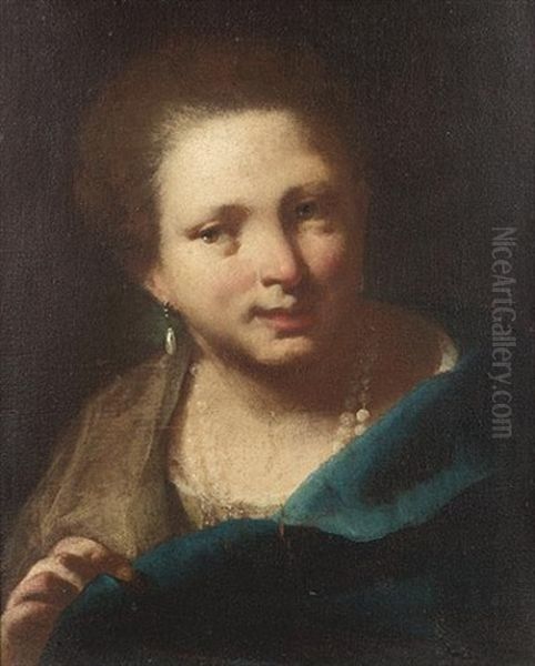 Portrait Of A Woman With A Blue Wrap, Pearl Earrings And Necklace - view 1