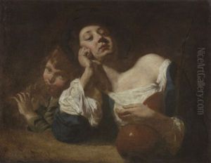 A Shepherdess With A Ground And A Peasant Boy Playing Pipes by Domenico Maggiotto
