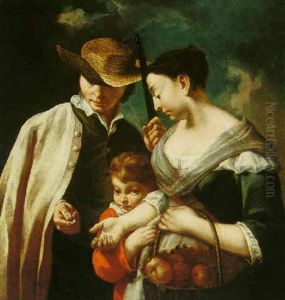 A Sportsman Handing A Coin To A Woman Who Holds A Basket Of Fruit, A Child By Her Side