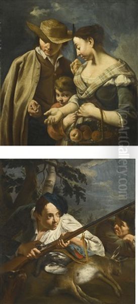 A Hunter Handing Coins To A Fruit Seller, A Child Clutching Her Apron; A Hunter With His Companion, A Spaniel And The Spoils Of His Hunt - view 1
