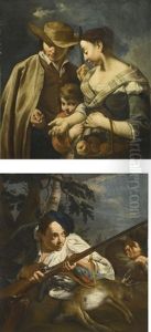 A Hunter Handing Coins To A Fruit Seller, A Child Clutching Her Apron; A Hunter With His Companion, A Spaniel And The Spoils Of His Hunt by Francesco Maggiotto