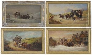 Four Coaching Scenes; Gusty Ride, Snowbound In Bath, Mishap On The Exeter To Bath Coach, Slow Going On A Snowy Road by John Charles Maggs