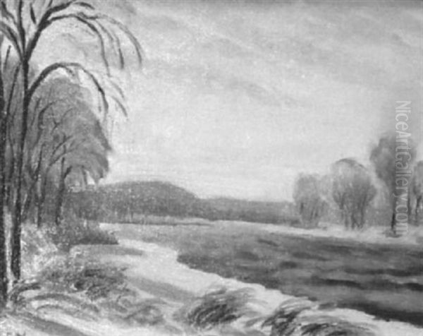 Winter Landscape Depicting River With Tree-lined Banks - view 1
