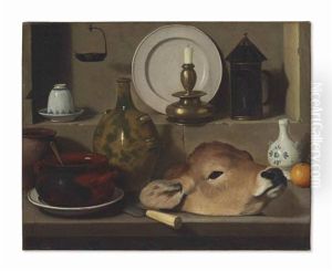 An Oil Lamp, Ceramics, Brass Lantern, Knife, Onion And Calf's Head