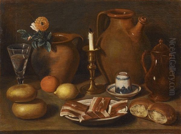 Schinken Auf Einem Teller, Brot, Fruchte, Eine Erloschene Kerze Und Tonkruge Auf Einem Tisch; Salami Auf Einem Teller, Wein, Eine Orange Und Tongefase Auf Weisem Tischtuch (pair) - view 1