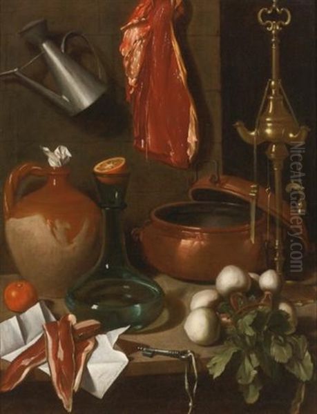 A Kitchen Still Life With Hung Meat, A Bunch Of Turnips, Oil Lamp, An Earthenware Jug, Brass Pans, A Glass Decanter Sealed With Half An Orange, A Key, And Pork ( Guanciale ) Resting On A Piece Of Paper, All Upon A Table-top - view 1