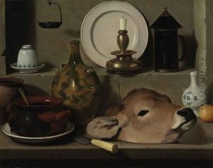 An Oil Lamp, Ceramics, Brass Lantern, Knife, Onion And Calf's Head