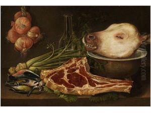 Stilleben Mit Kalbskopf, Fleischrippenstuck, Gemuse Und Toten Vogeln