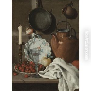 A Still Life With A Candle, Cherries In A Stoneware Bowl, A Wine Glass, A Porcelain Plate, An Apple, An Orange, A Copper Kettle And A White Table Cloth All On A Stone Ledge, Together With A Sprouting by Carlo Magini