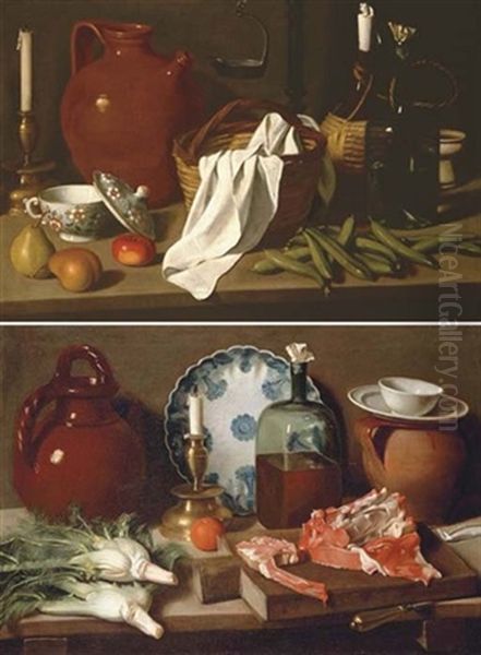 A Glass Bottle, A Blue And White Porcelain Platter, An Earthenware Jug, A Candle, An Orange And Fennel On A Wooden Ledge With Meat On A Chopping Board (+ A Candlestick, An Earthenware Jar, A Porcelain - view 1