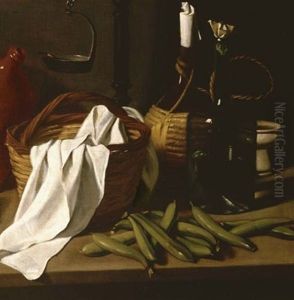 A Kitchen Still Life - A Candlestick, An Earthenware Jar, A Porcelain Soup Bowl, A Basket And Tablecloth, Two Bottles, Beans And Assorted Fruits On A Tabletop
