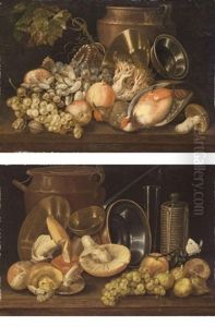 A Still Life With Fruit, Kitchen Pots And Two Birds (+ A Still Life With Fruit, Kitchen Pots, Mushrooms And A Butterfly; Pair) by Carlo Magini