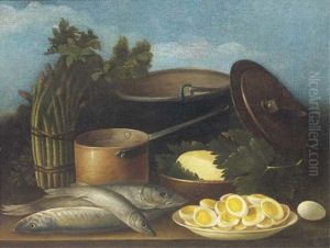 Copper Pots, Fish, Asparagus, Herbs, And A Dish Of Sliced Boiled Eggs On A Table